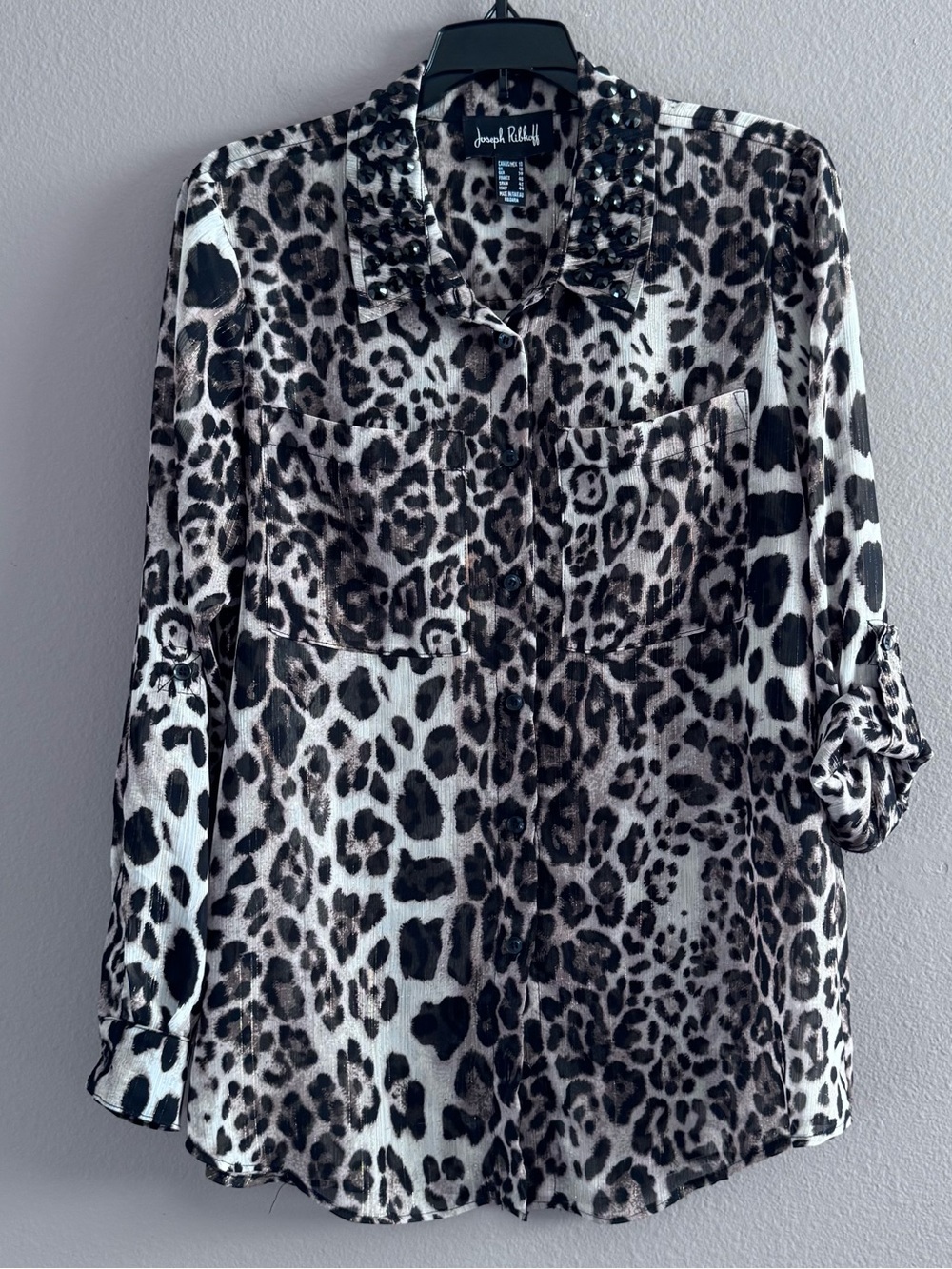 Joseph Ribkoff Black White beadeLeopard Print Button-Up Blouse Rollup Sleeve